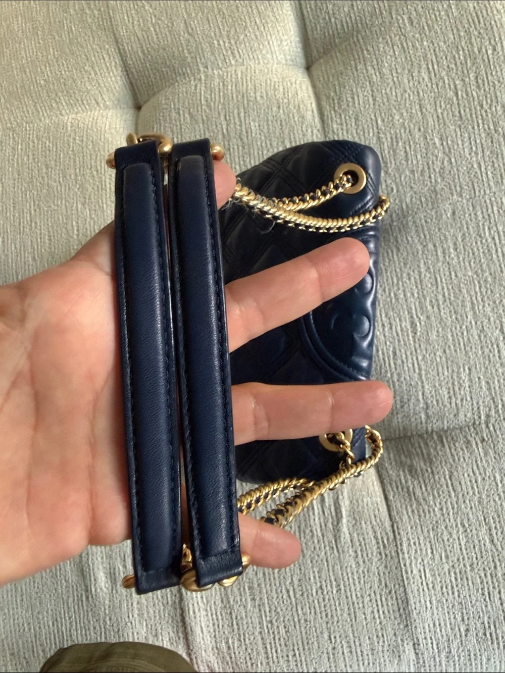 Tory Burch fleming soft convertible shoulder Bag Leather Quilted Chain Dark Blue